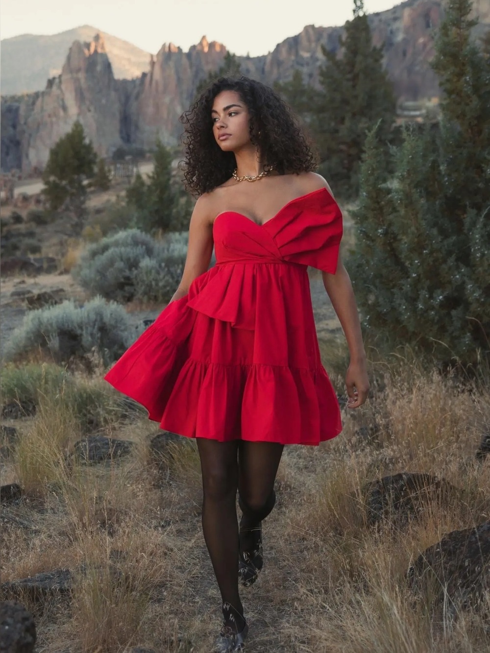 MAC DUGGALRed Faille Strapless Twist Bow Mini Dress